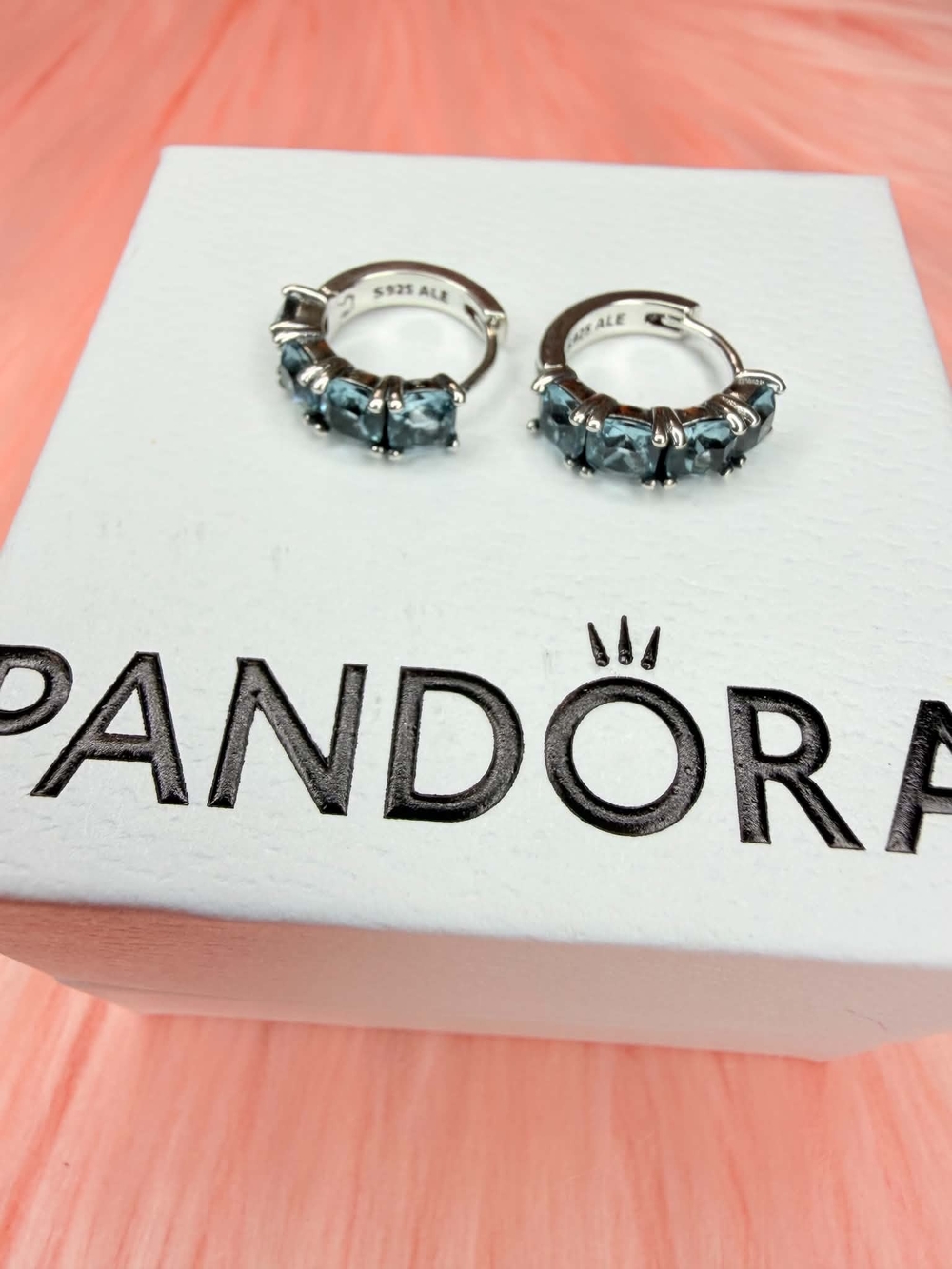 Pandora Sterling Silver Hoop Earrings with Blue Stones - Picture 5 of 5